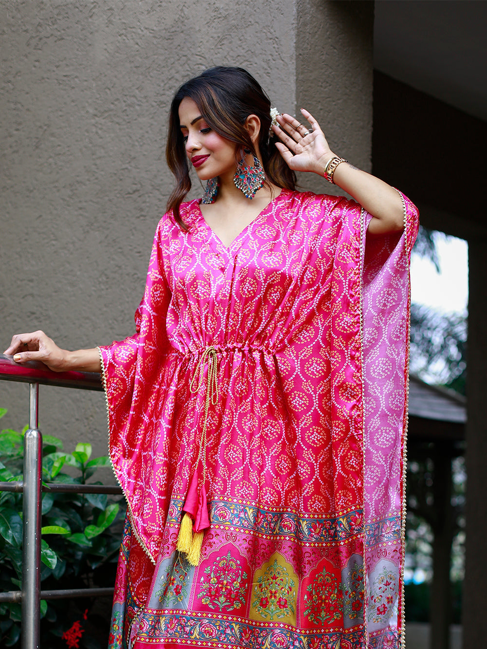Pink color digital print pure gaji silk kaftan