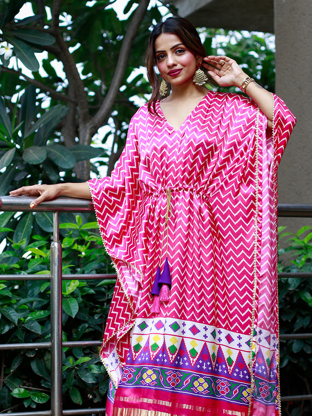 Pink white color digital print pure gaji silk kaftan