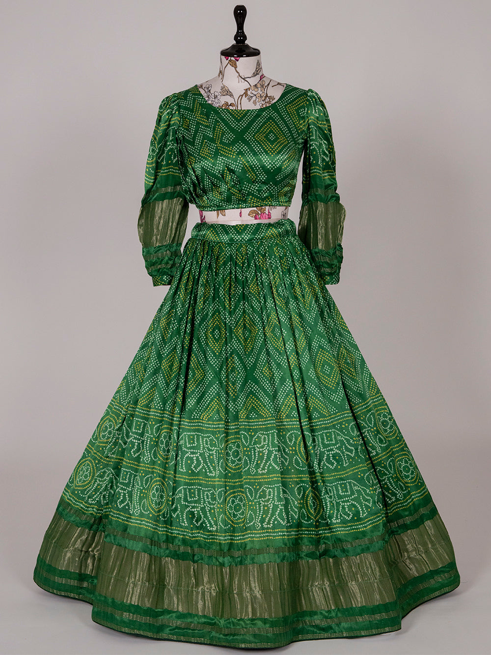Green Color Bandhani Printed Pure Gaji Silk Gujarati Chaniya Choli