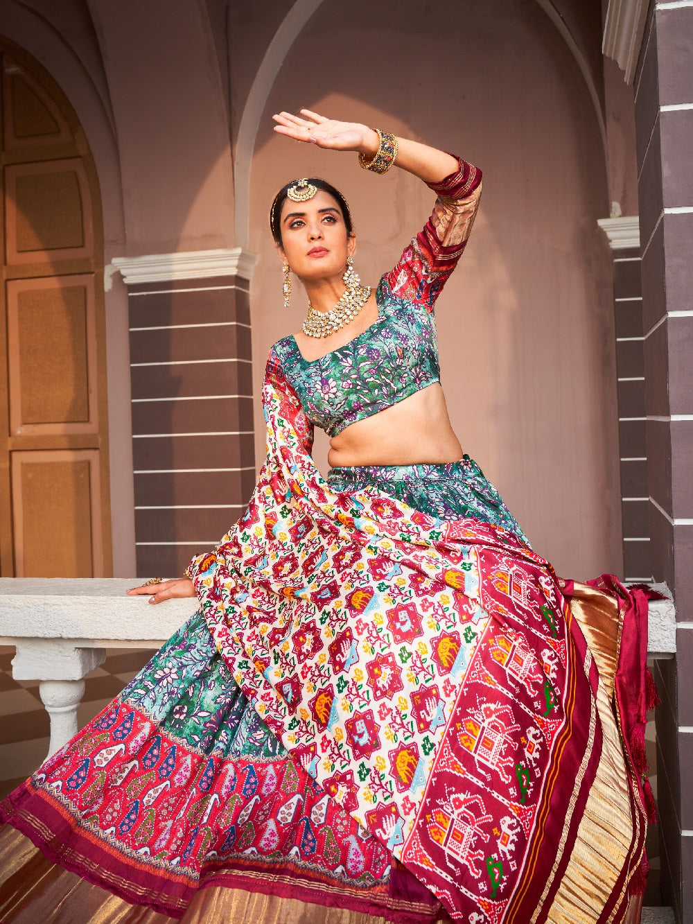 Green Color Digital Printed Pure Gaji Silk Lehenga Choli