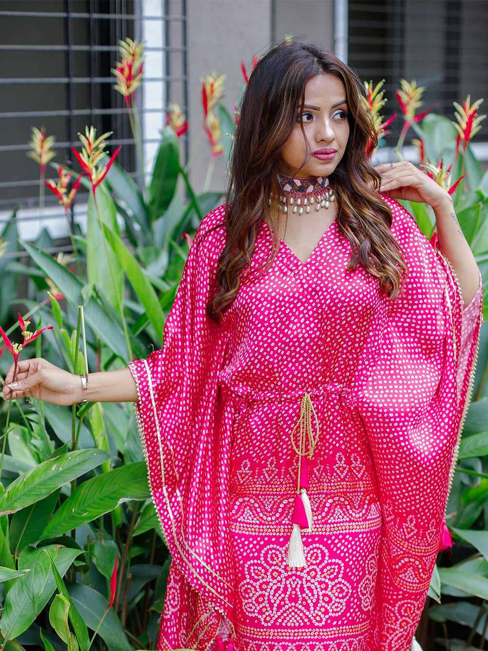 Pink Color Digital Bandhej Print Pure Gaji Silk Kaftan