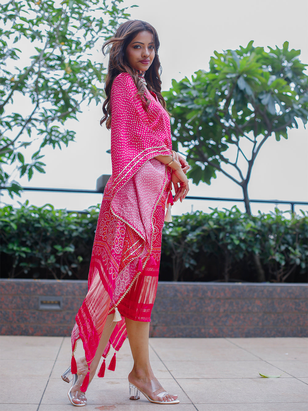 Pink Color Digital Bandhej Print Pure Gaji Silk Kaftan