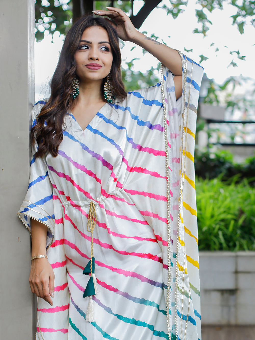 White Color Digital Bandhej Printed Pure Gaji Silk Kaftan