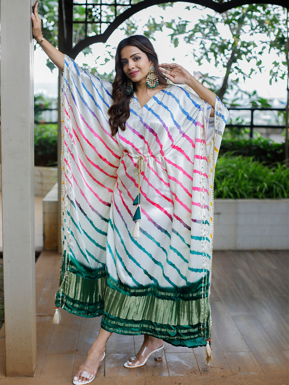 White Color Digital Bandhej Printed Pure Gaji Silk Kaftan