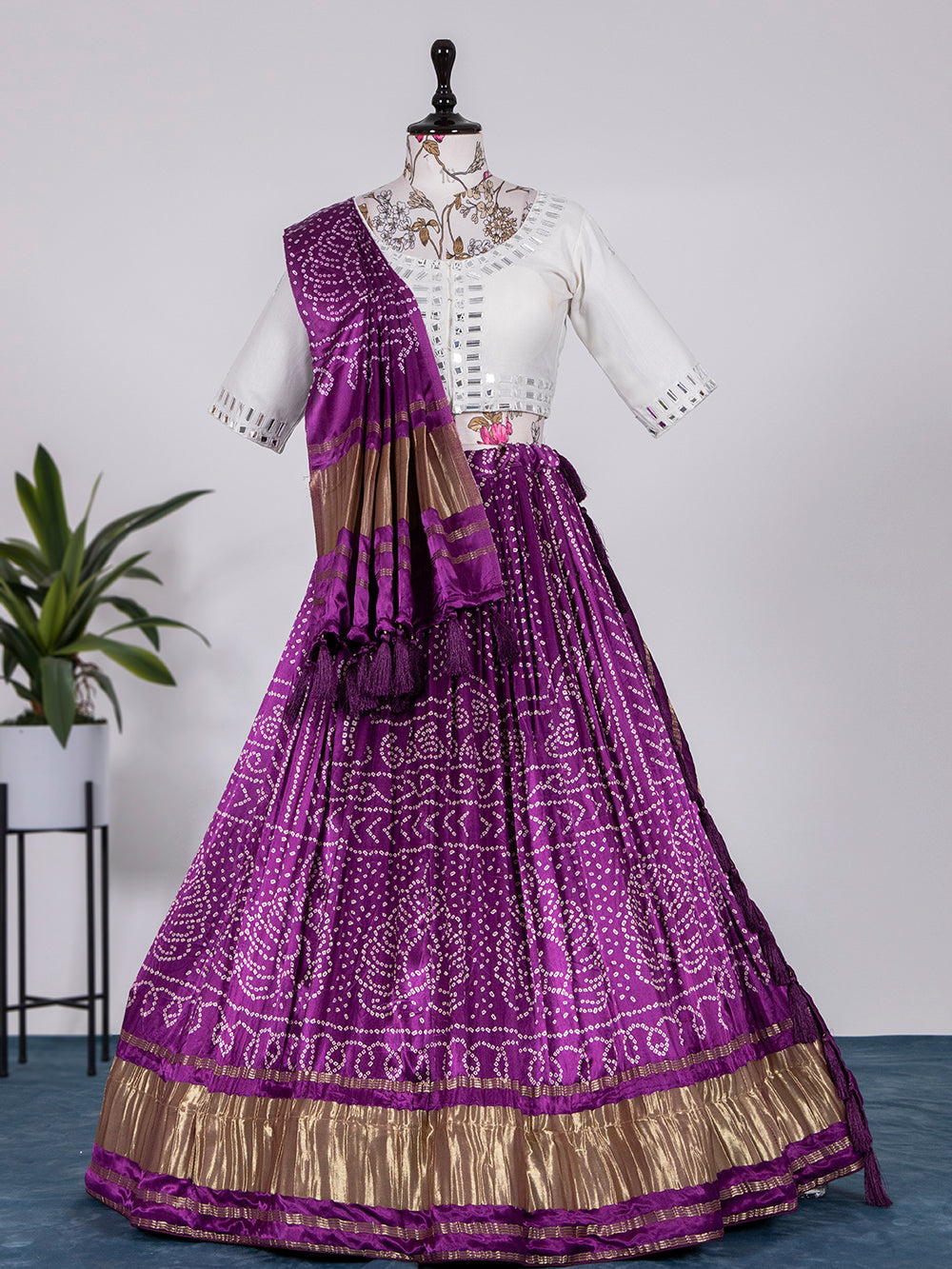 Wine Color Digital Bandhej Printed Pure Gaji Silk Lehenga Choli
