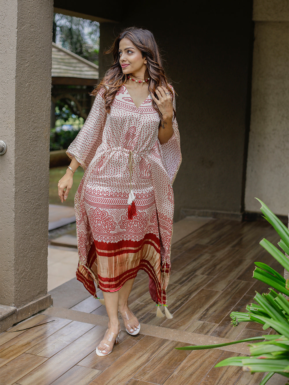Off-White Color Digital Bandhej Printed Pure Gaji Silk Kaftan