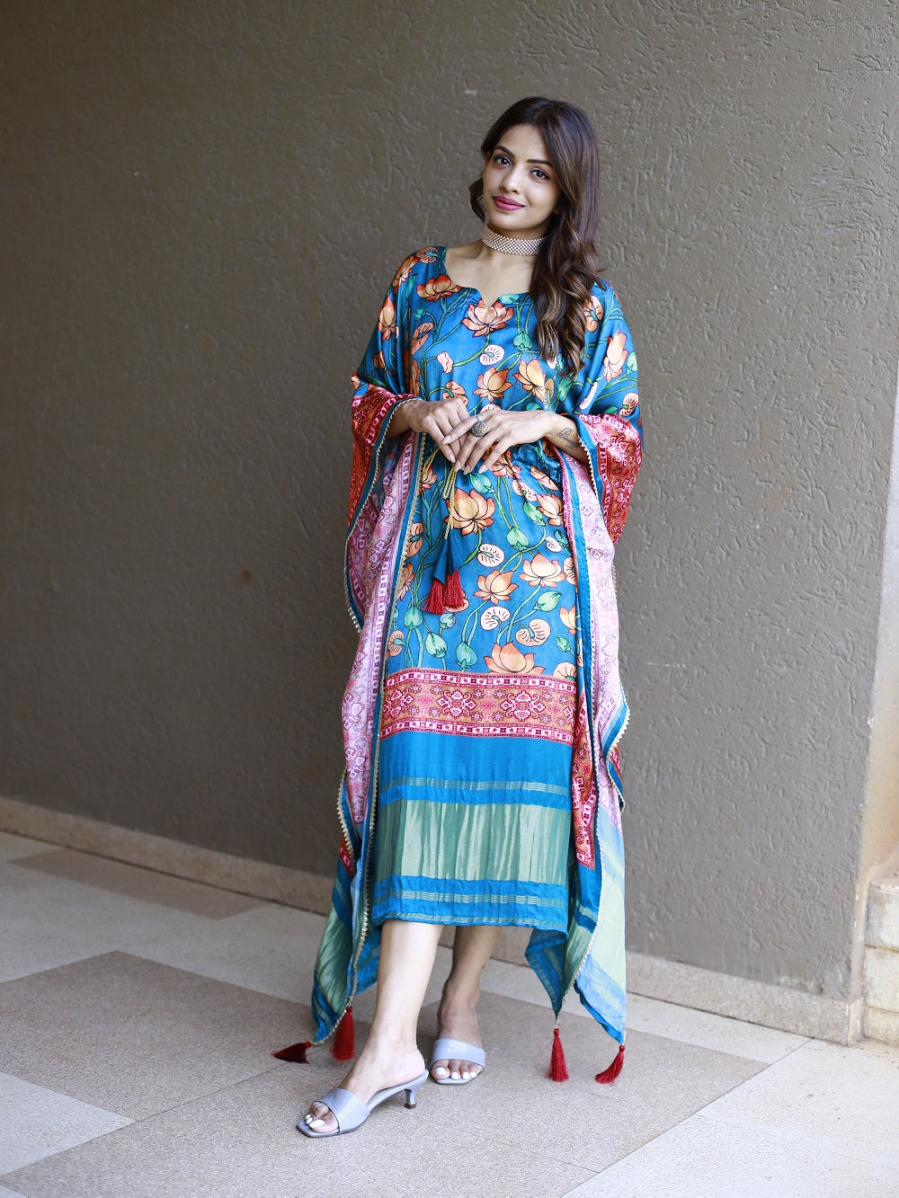 Teal color digital printed pure gaji silk kaftan dresses