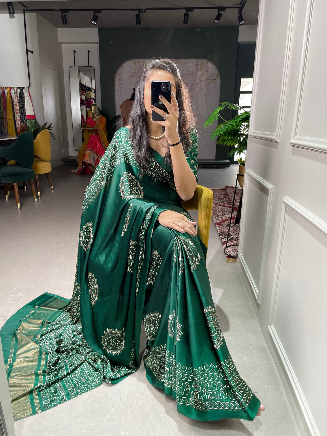 Green Color Printed And Foil Work Semi Gaji Satin Saree