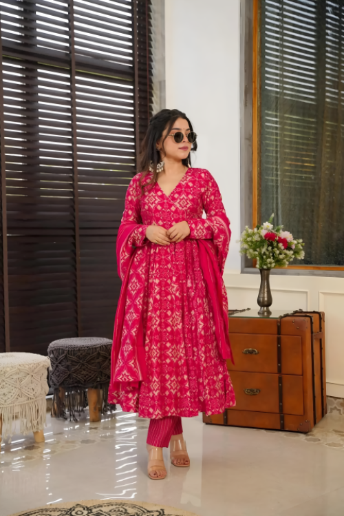 Pure Muslin Digital Print Anarkali Kurti Pant Dupatta Set