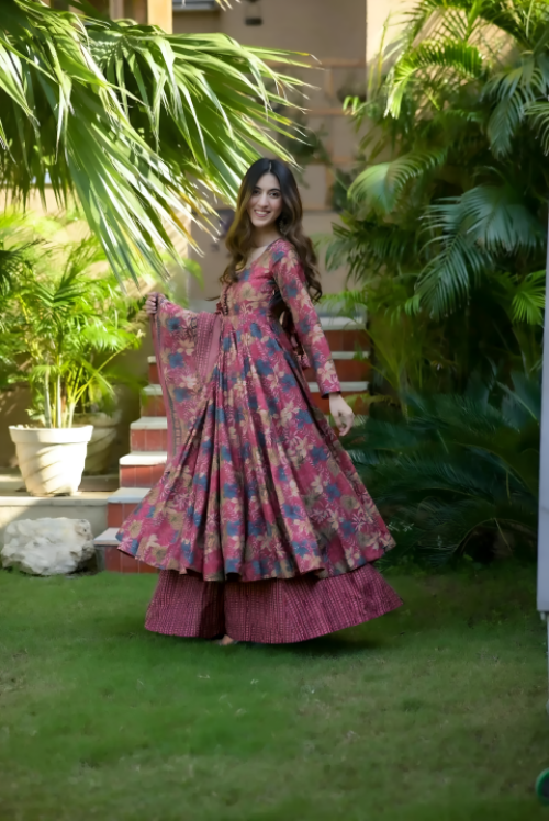 Pure Muslin Digital Print Anarkali Kurti Pant Dupatta Set
