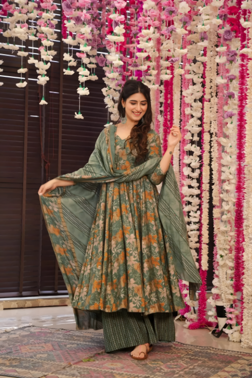 Pure Muslin Digital Print Anarkali Kurti Pant Dupatta Set