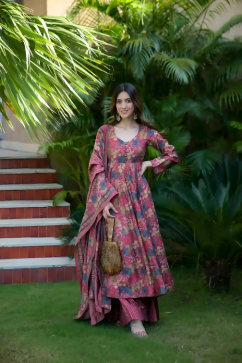 Pure Muslin Digital Print Anarkali Kurti Pant Dupatta Set