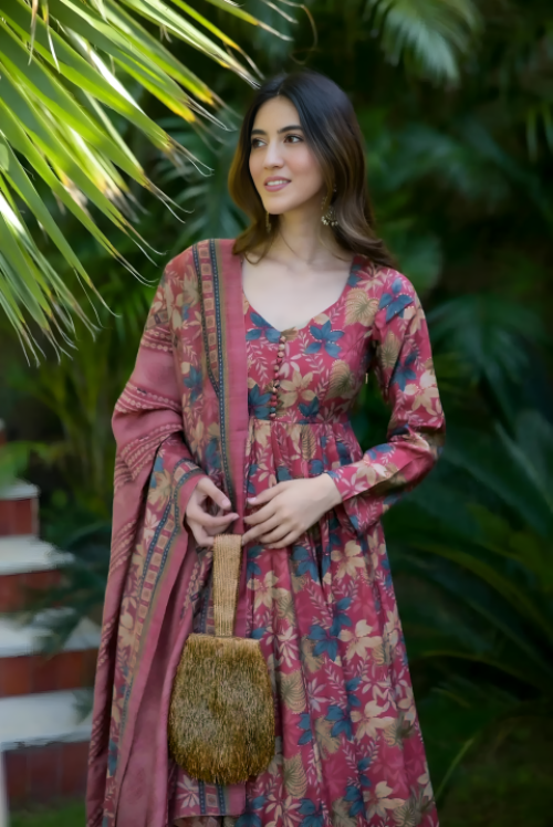 Pure Muslin Digital Print Anarkali Kurti Pant Dupatta Set