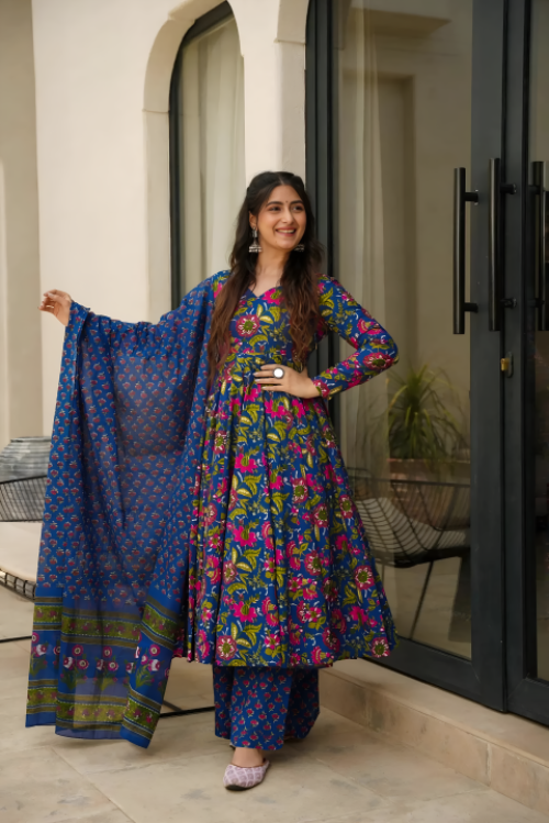Pure Muslin Digital Print Anarkali Kurti Pant Dupatta Set