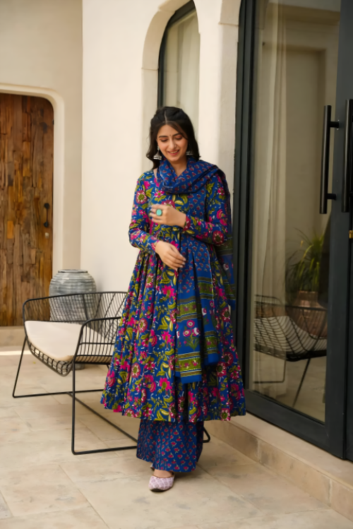 Pure Muslin Digital Print Anarkali Kurti Pant Dupatta Set