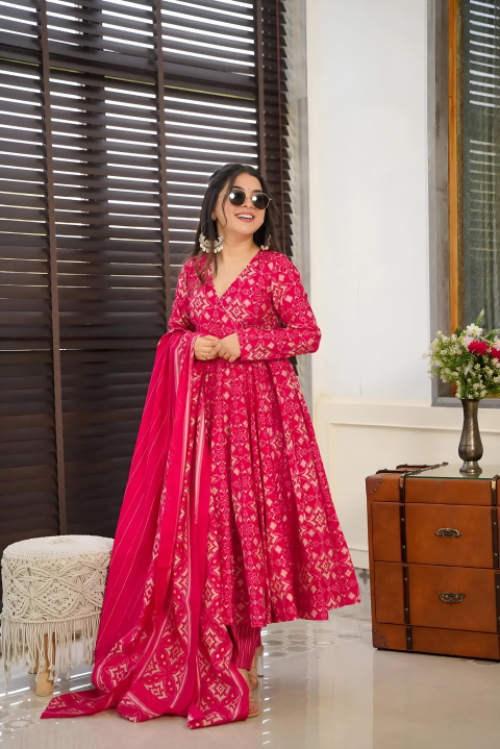 Pure Muslin Digital Print Anarkali Kurti Pant Dupatta Set