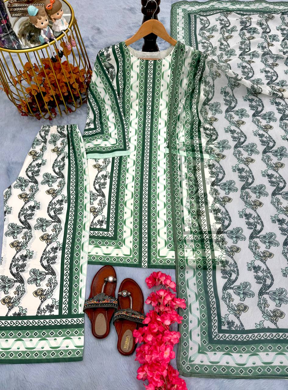 Pure Natural Crepe Digital Print Co-Ord Set with Printed Chiffon Georgette Dupatta Fully Stitched