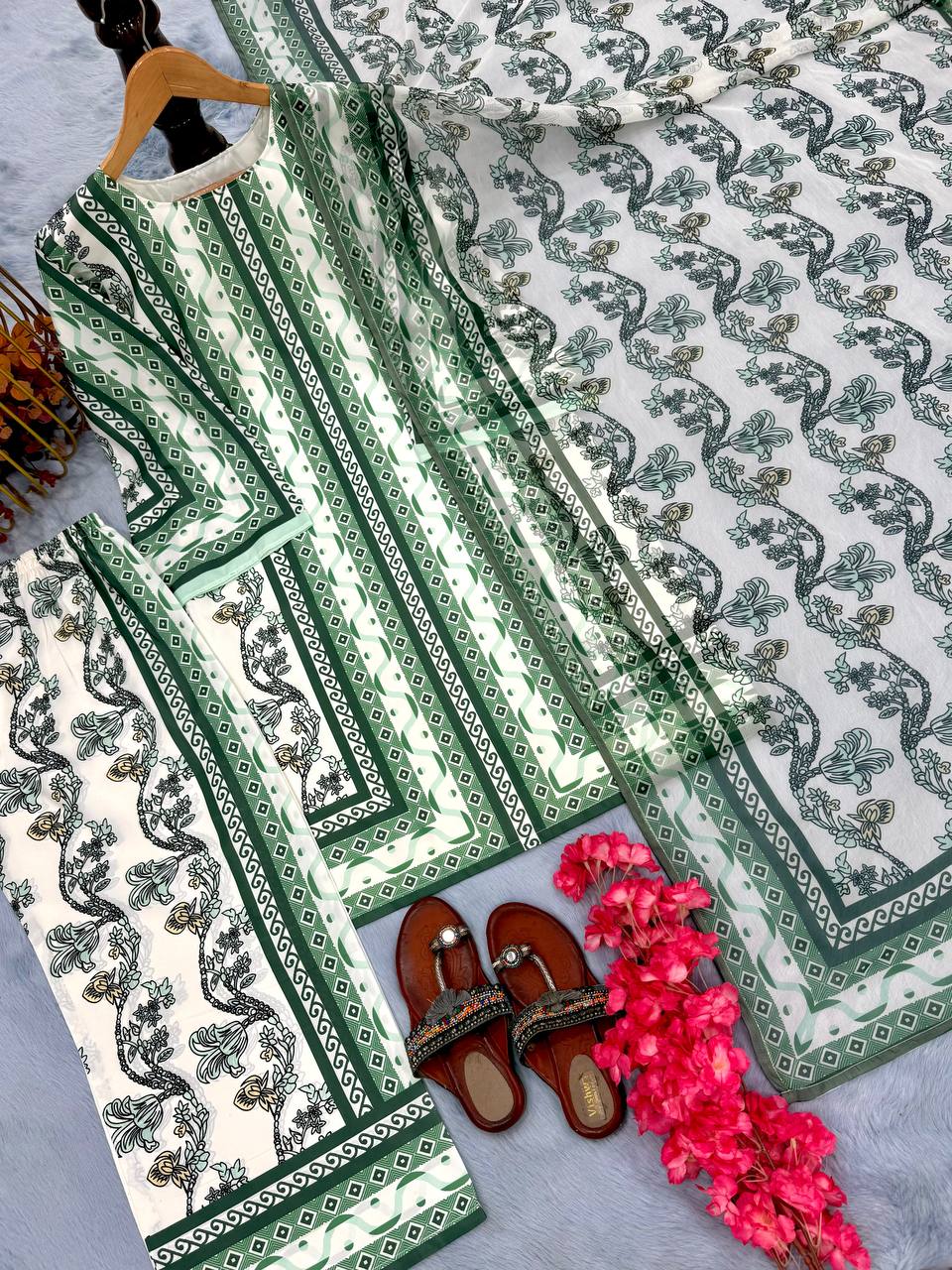 Pure Natural Crepe Digital Print Co-Ord Set with Printed Chiffon Georgette Dupatta Fully Stitched