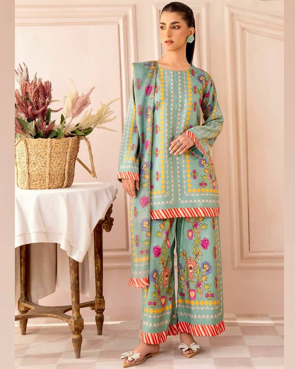 Pure Natural Crepe Digital Print Co-Ord Set with Printed Chiffon Georgette Dupatta Fully Stitched