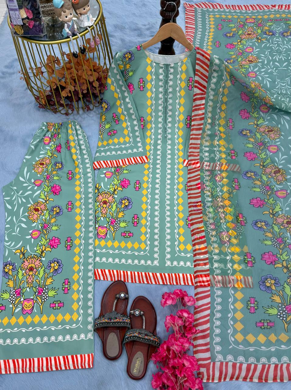 Pure Natural Crepe Digital Print Co-Ord Set with Printed Chiffon Georgette Dupatta Fully Stitched