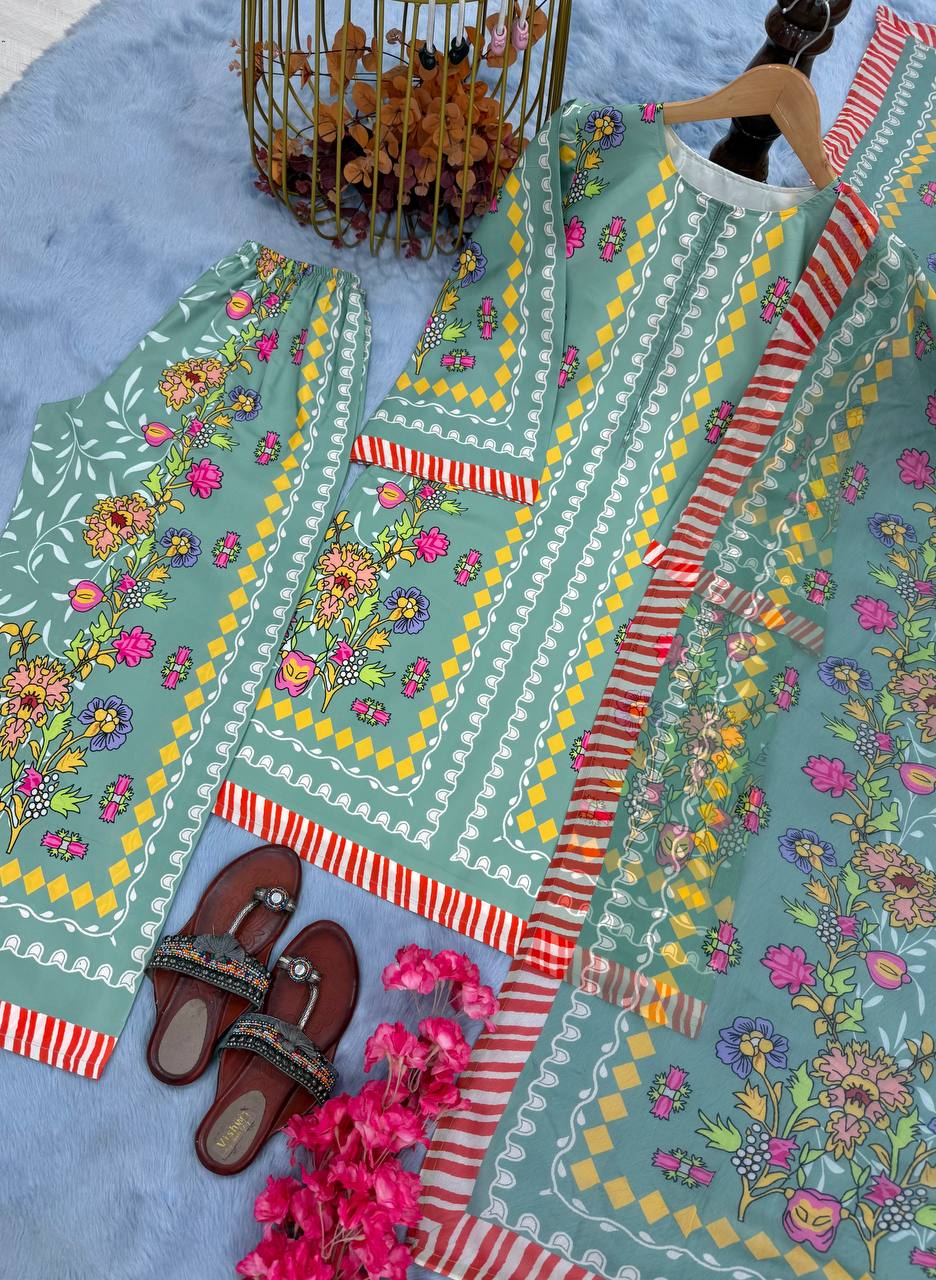 Pure Natural Crepe Digital Print Co-Ord Set with Printed Chiffon Georgette Dupatta Fully Stitched