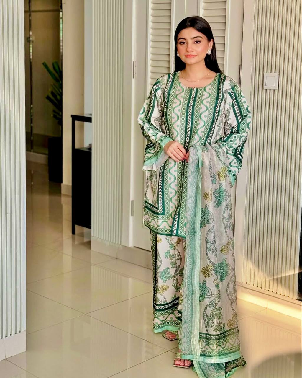 Pure Natural Crepe Digital Print Co-Ord Set with Printed Chiffon Georgette Dupatta Fully Stitched