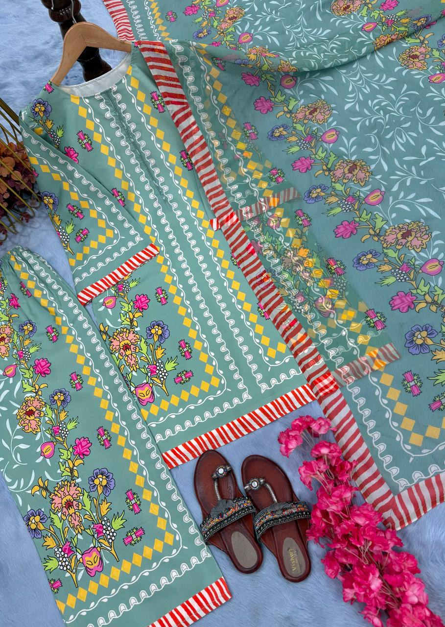 Pure Natural Crepe Digital Print Co-Ord Set with Printed Chiffon Georgette Dupatta Fully Stitched