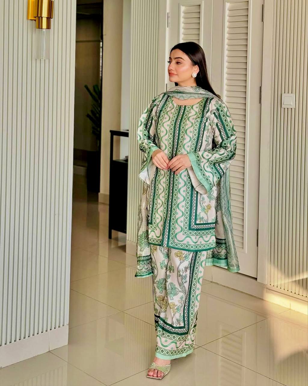 Pure Natural Crepe Digital Print Co-Ord Set with Printed Chiffon Georgette Dupatta Fully Stitched