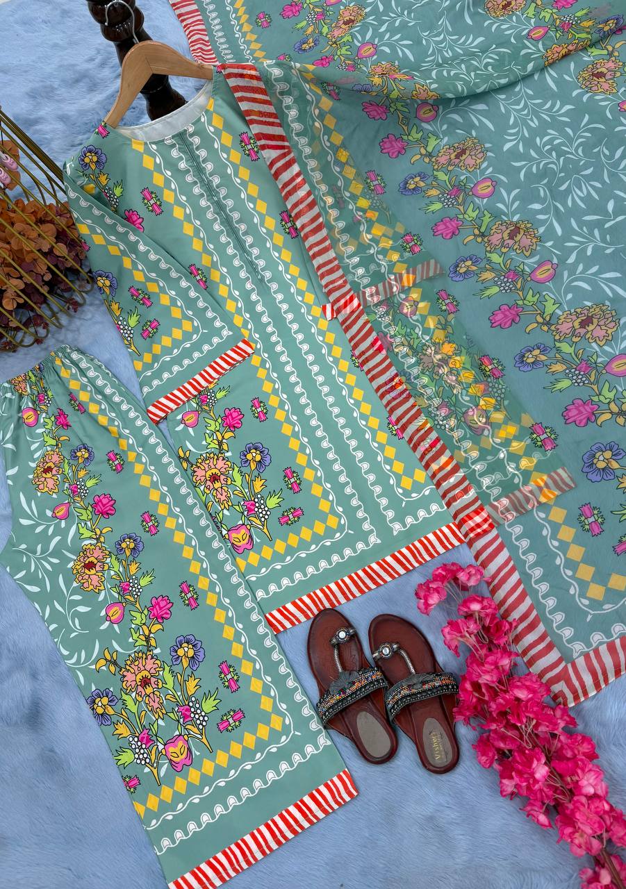 Pure Natural Crepe Digital Print Co-Ord Set with Printed Chiffon Georgette Dupatta Fully Stitched