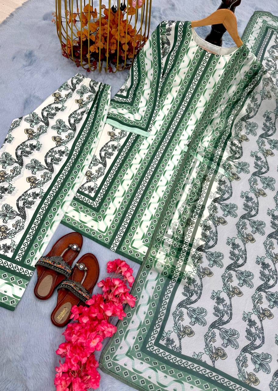 Pure Natural Crepe Digital Print Co-Ord Set with Printed Chiffon Georgette Dupatta Fully Stitched