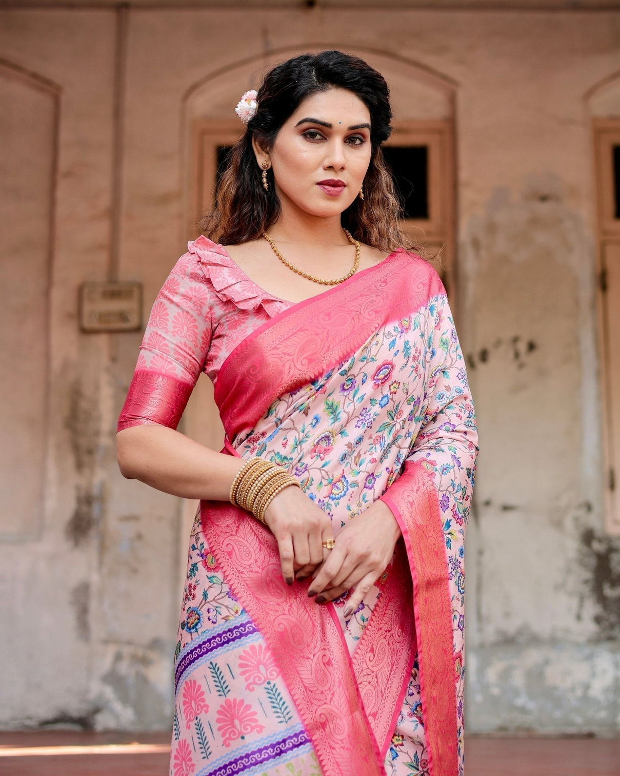 Blush Pink Tussar Silk Saree with Multicolor Floral Design and Zari Paisley Border