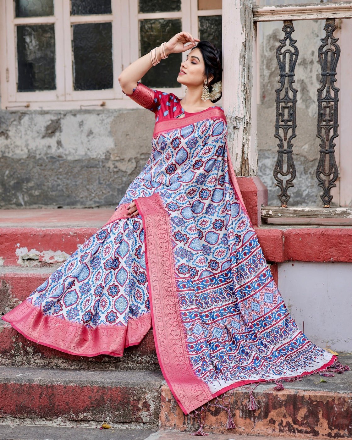 White and Red Tussar Silk Saree with Vibrant Floral Geometric Motifs and Ornamental Zari Border