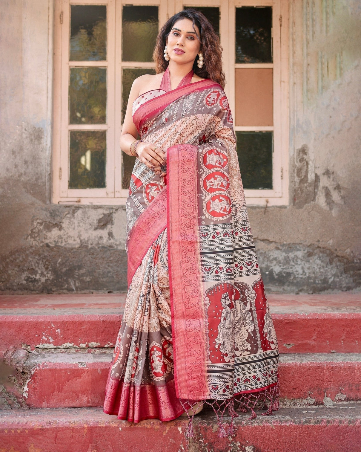 Beige and Red Tussar Silk Saree with Traditional Motifs and Ornamental Zari Border