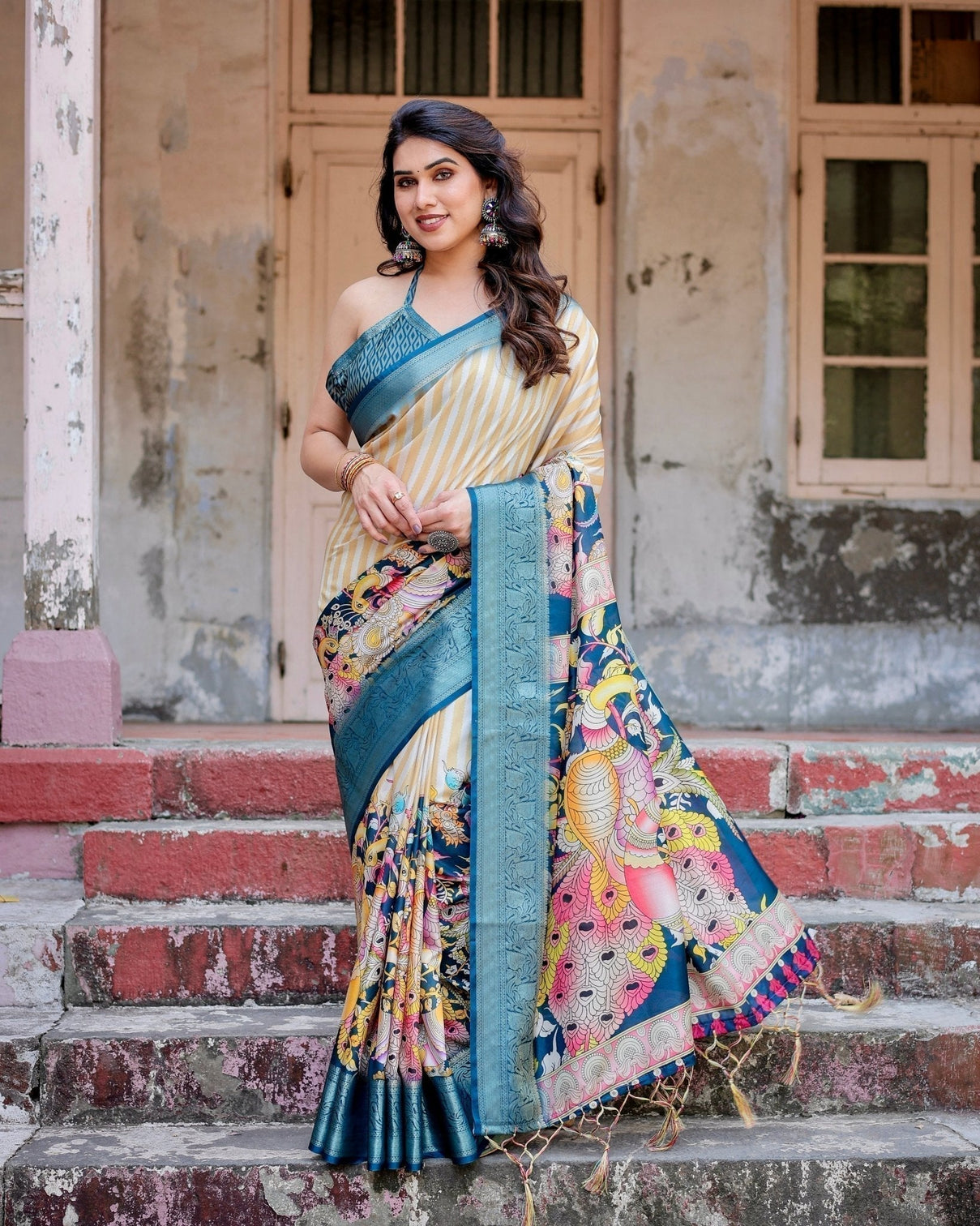 Beige & Teal Tussar Silk Saree with Intricate Kalamkari and Zari Border