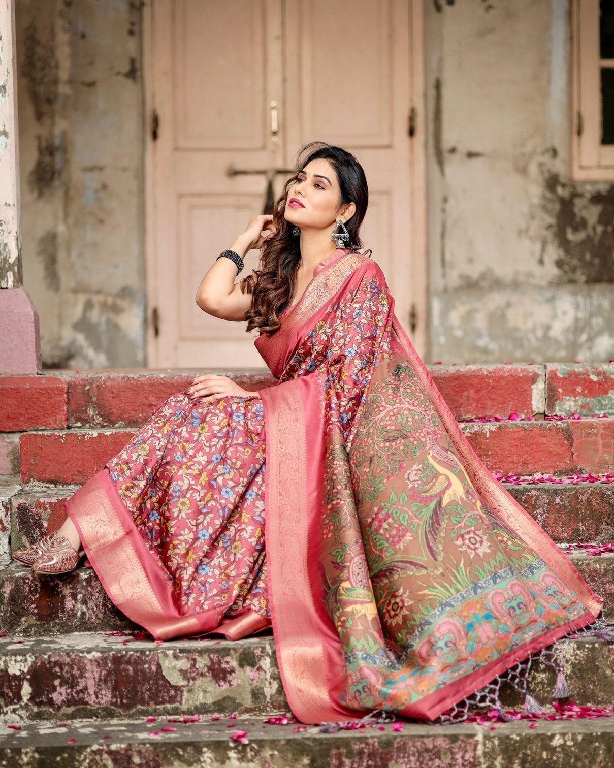 Rich Maroon Digital Print Saree with Antique Floral Design and Elegant Tassels