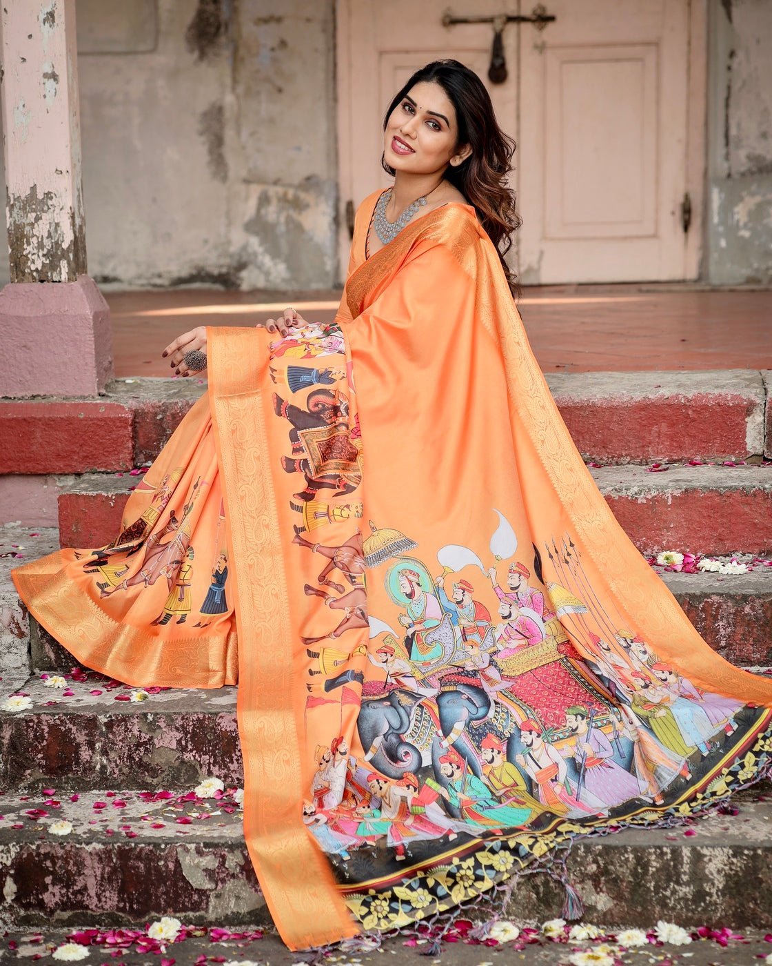 Sunset Orange Tussar Silk Saree with Royal Procession Pallu and Zari Border