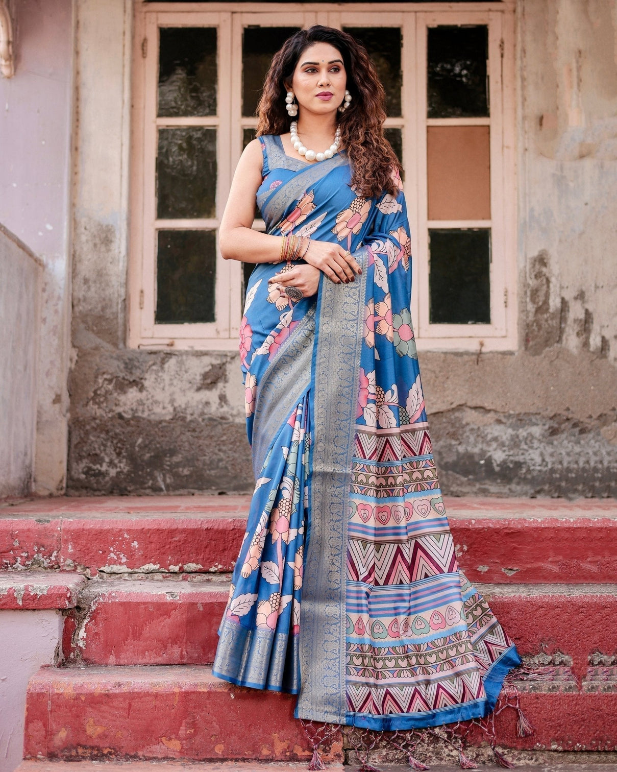Sky Blue Tussar Silk Saree with Bold Floral Motifs and Chevron Pallu Design