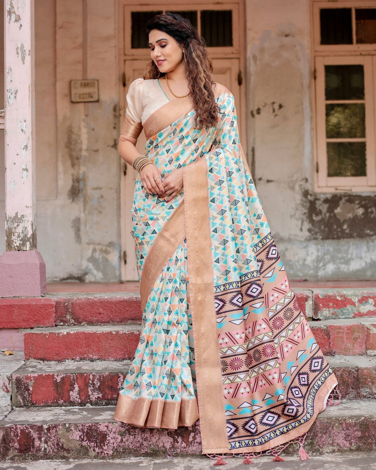 Contemporary Beige Tussar Silk Saree with Geometric Triangle Print and Golden Zari Border