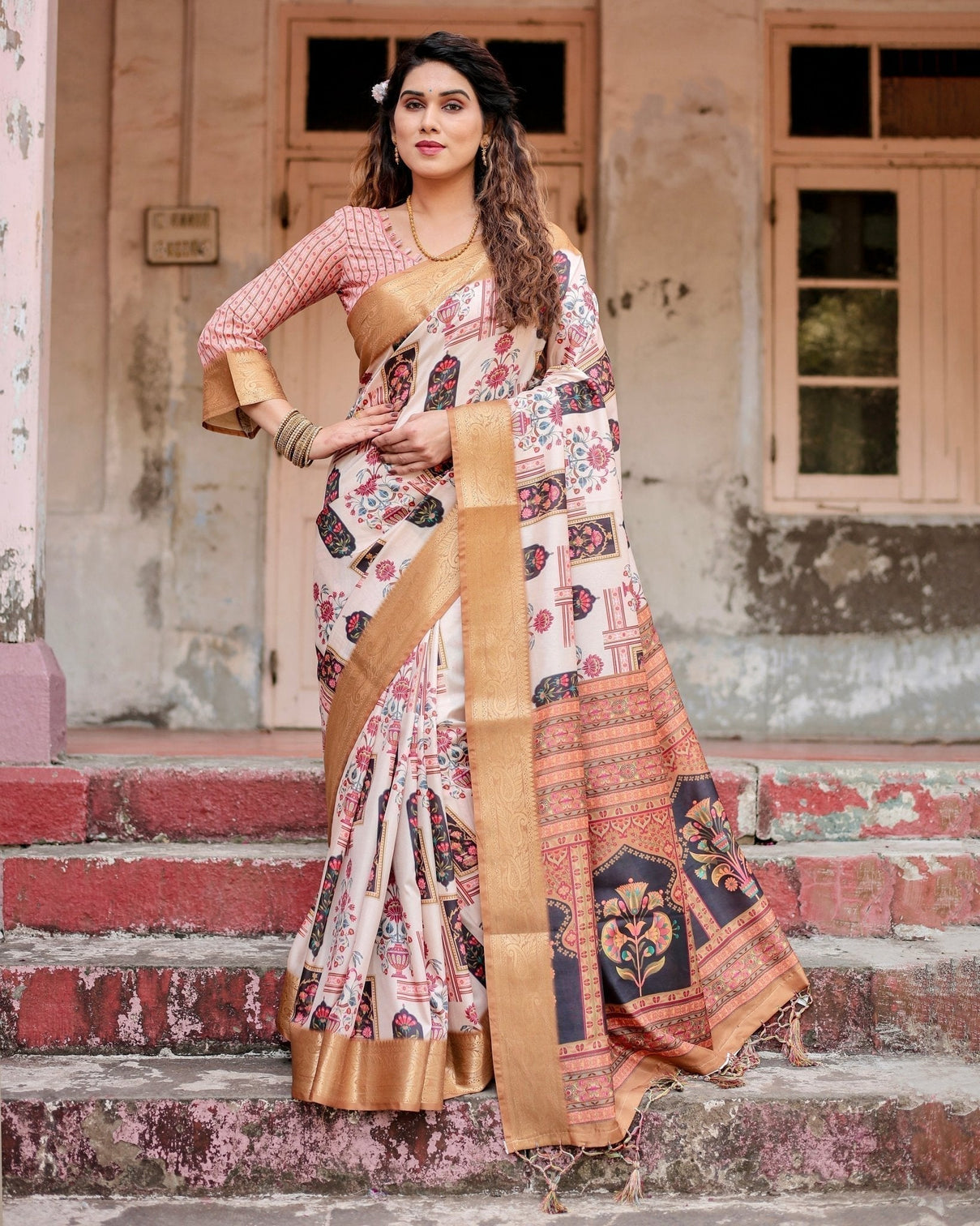 Ivory Tussar Silk Saree with Artistic Floral Motifs and Gleaming Golden Zari Border