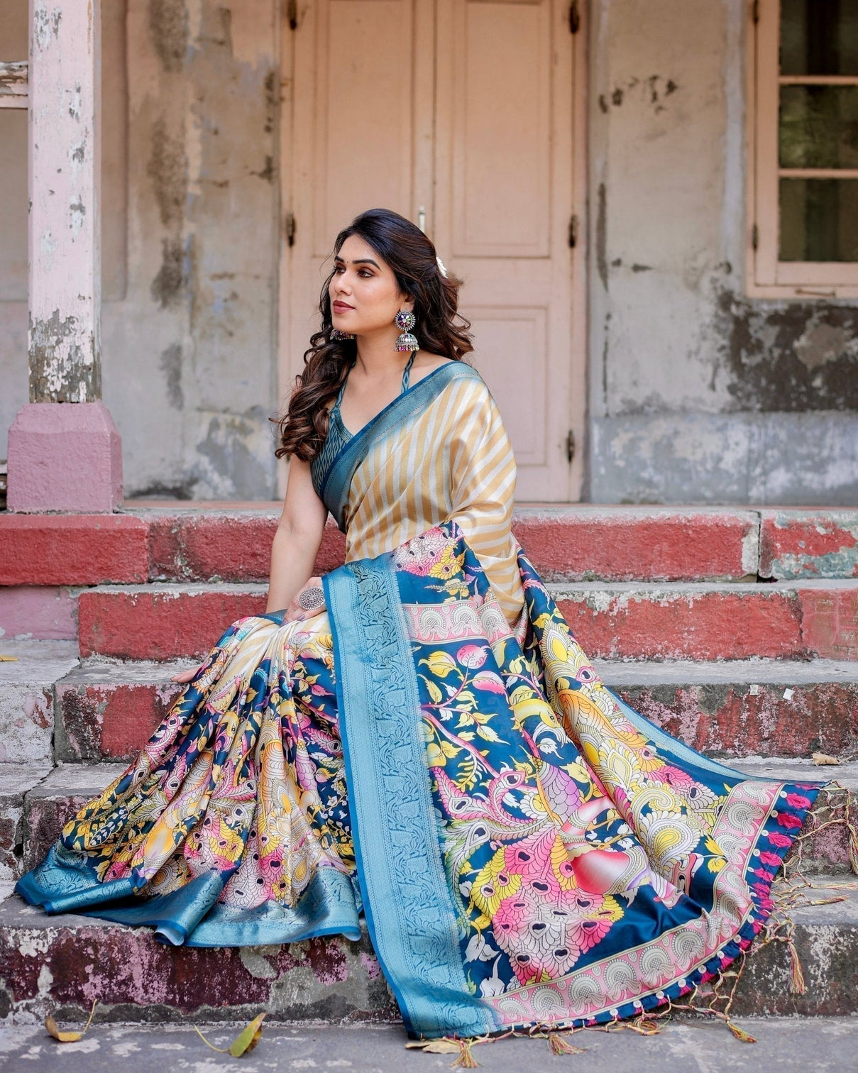 Beige & Teal Tussar Silk Saree with Intricate Kalamkari and Zari Border