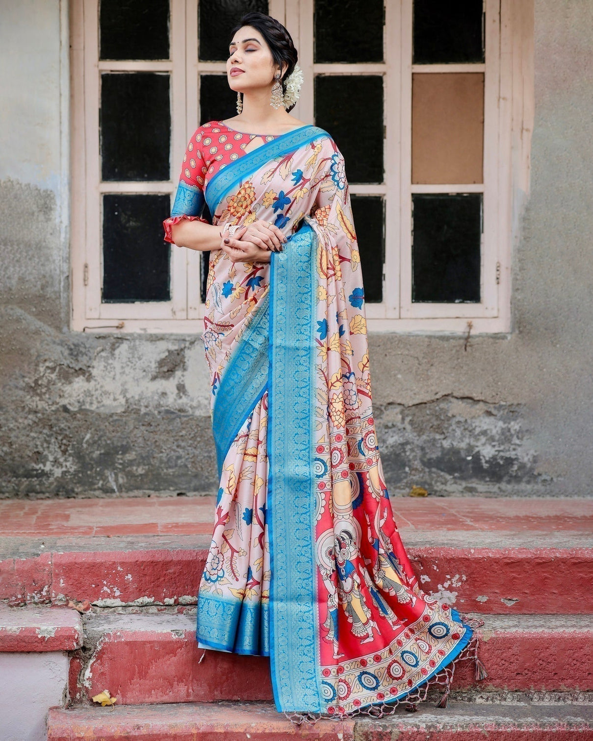 Beige and Red Tussar Silk Saree with Divine Motifs and Floral Zari Border
