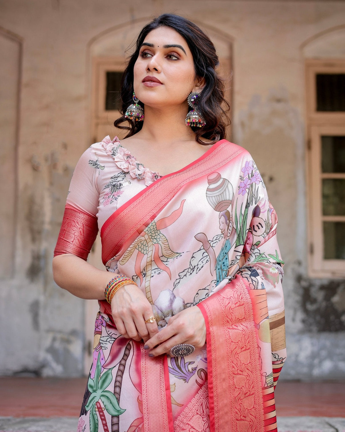 Blush Pink Digital Print Tussar Silk Saree with Vibrant Storyline Art