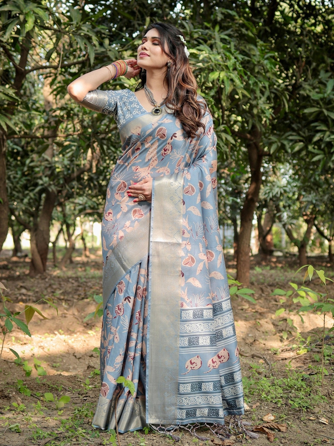 Stylish Sky Blue Tussar Silk Saree with Beige and Gold Zari Work and Contemporary Pallu Design