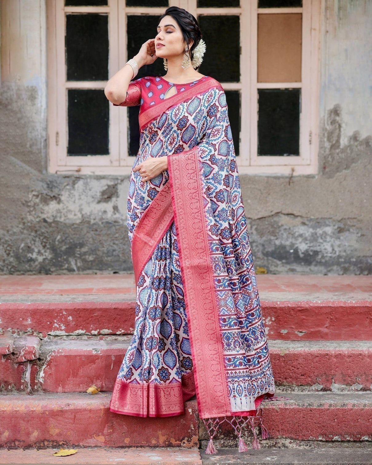 White and Red Tussar Silk Saree with Vibrant Floral Geometric Motifs and Ornamental Zari Border