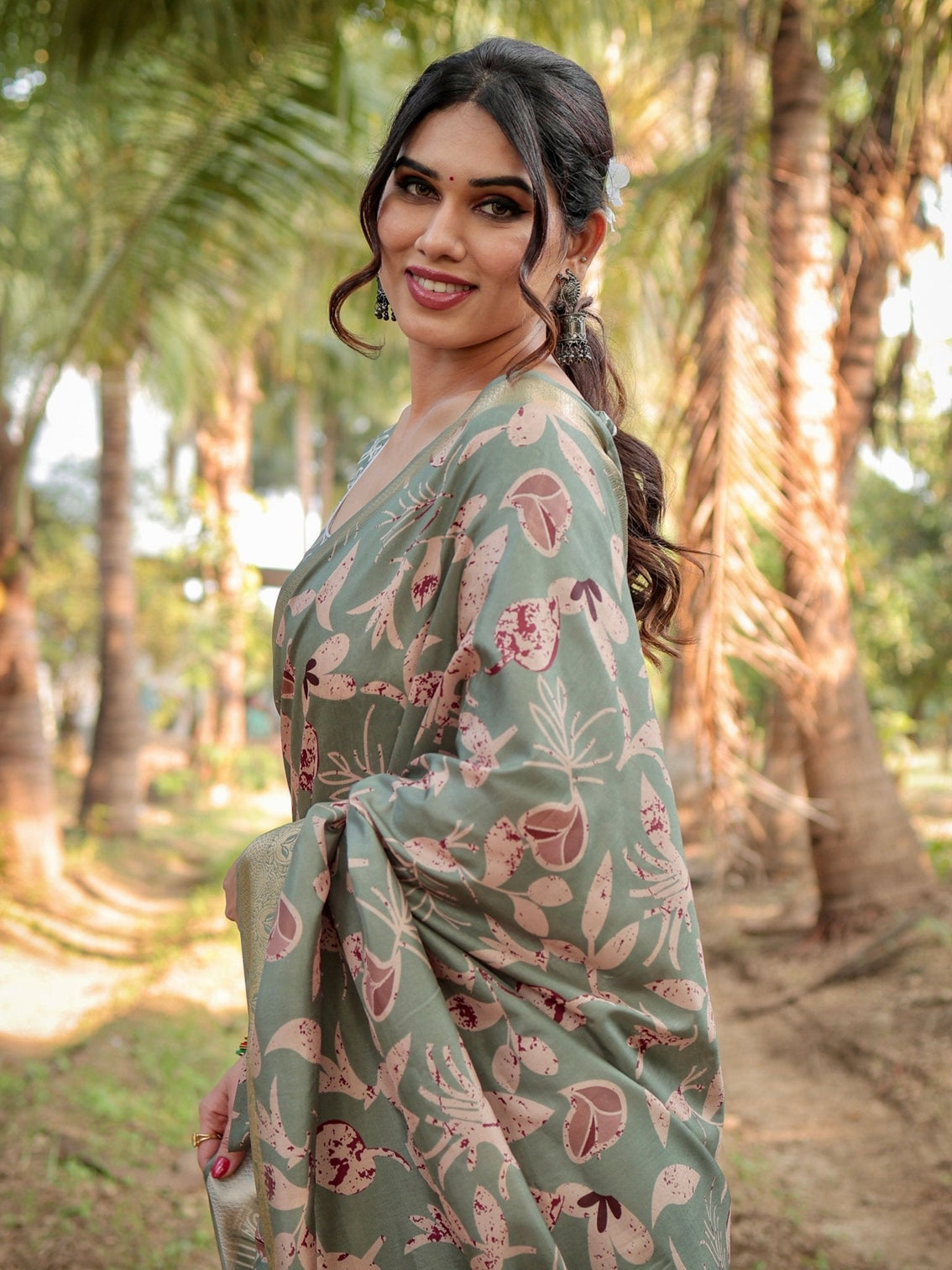 Graceful Olive Green Tussar Silk Saree with Intricate Beige and Maroon Botanical Print and Zari Border