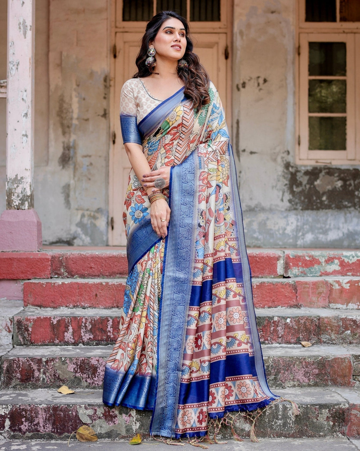 Multicolor Tussar Silk Saree with Artistic Floral Motifs and Traditional Blue Zari Border