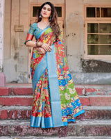 Multicolor Folk Art Inspired Digital Print Tussar Silk Saree with Sky Blue Zari Border