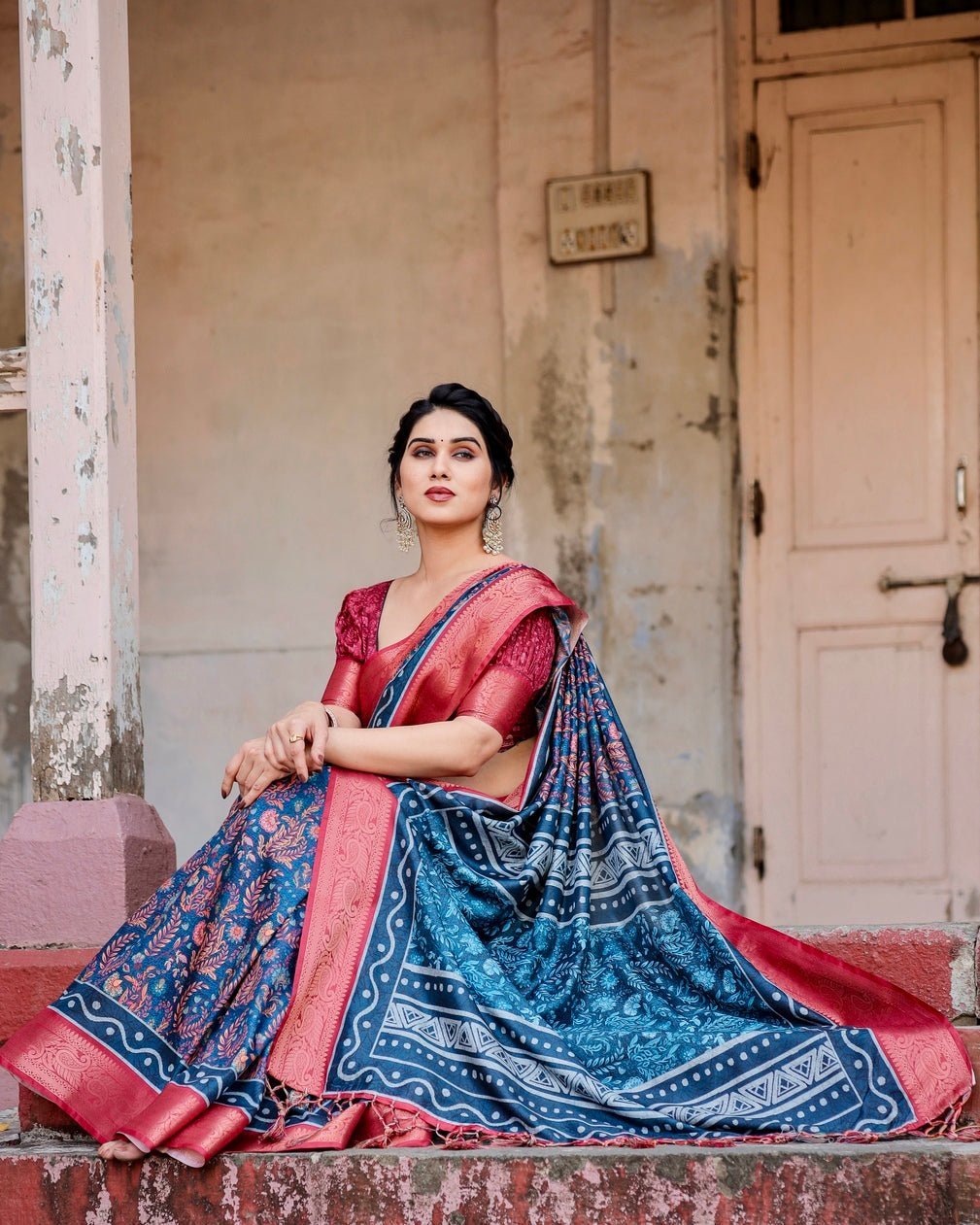 Teal Blue and Coral Tussar Silk Saree with Floral Weaves and Geometric Pallu