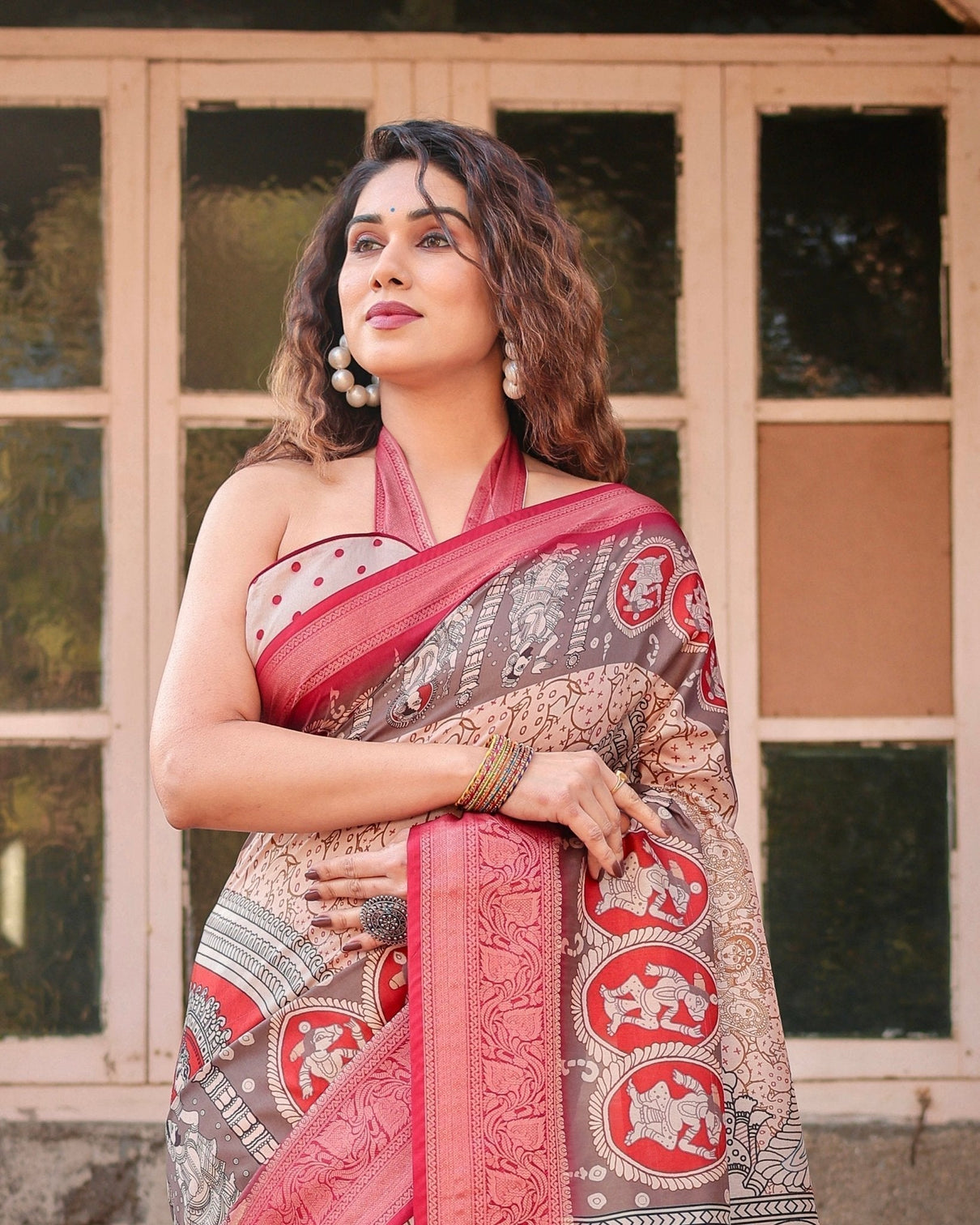 Beige and Red Tussar Silk Saree with Traditional Motifs and Ornamental Zari Border