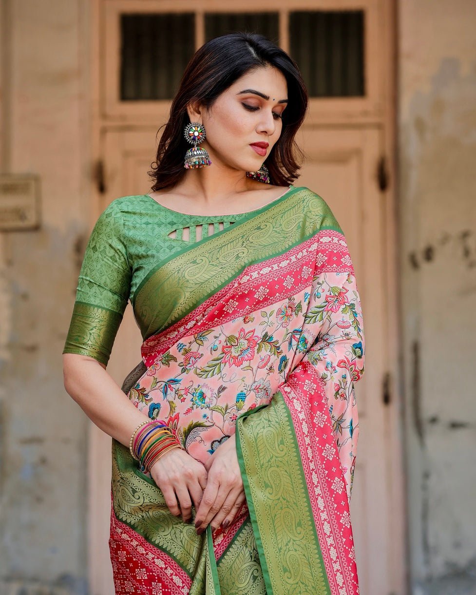 Blush Pink and Green Tussar Silk Saree with Floral Prints and Intricate Zari Work